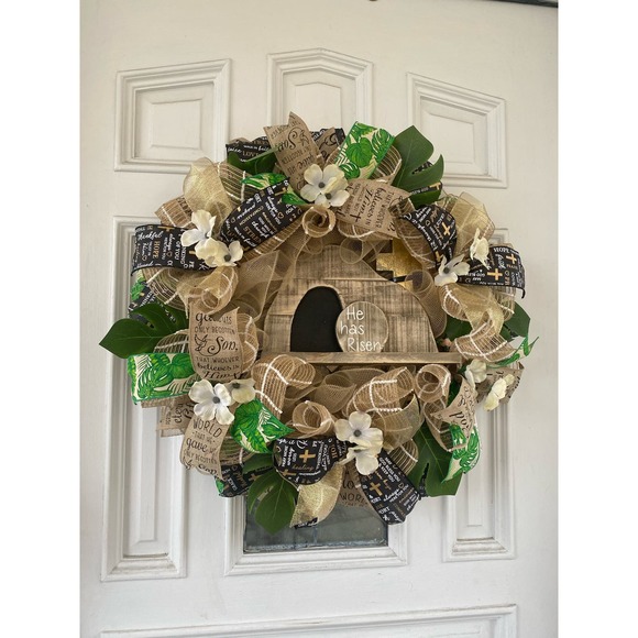 Wooden Christian He is Risen From the Tomb Sign Deco Mesh Ribbon Easter wreath - Picture 1 of 10